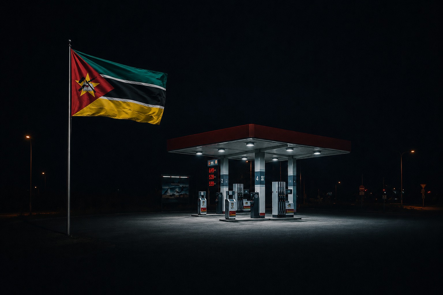 A fuel station lit at night beside the Mozambican national flag flying on a tall pole