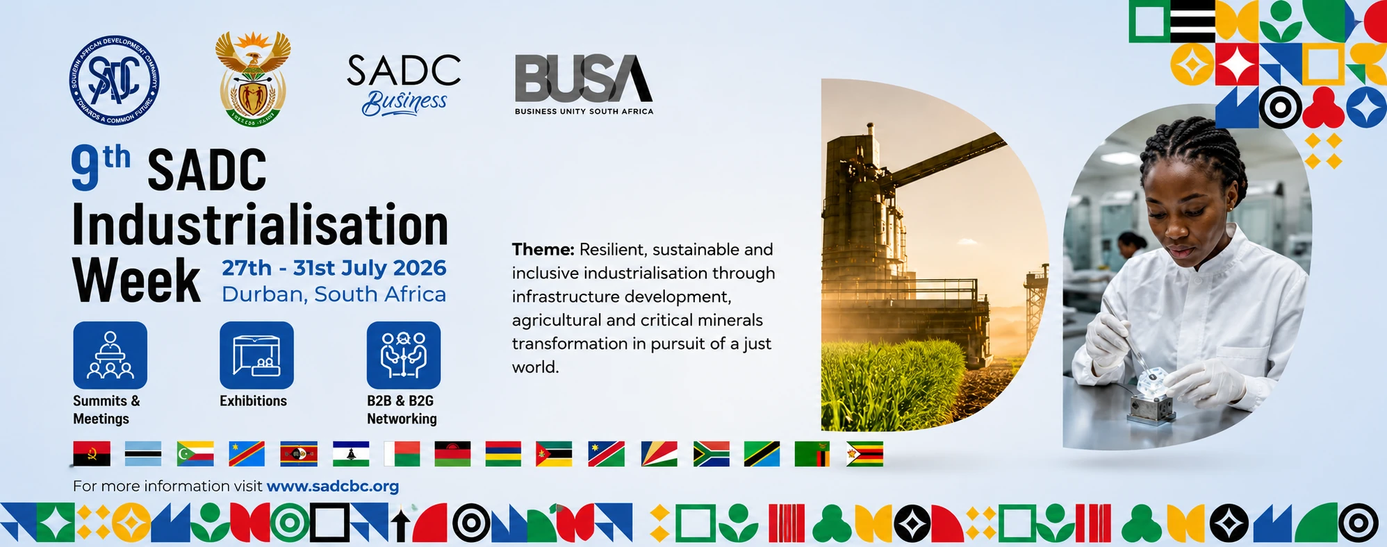 Event poster for the 9th SADC Industrialisation Week, 27–31 July 2026 in Durban, South Africa
